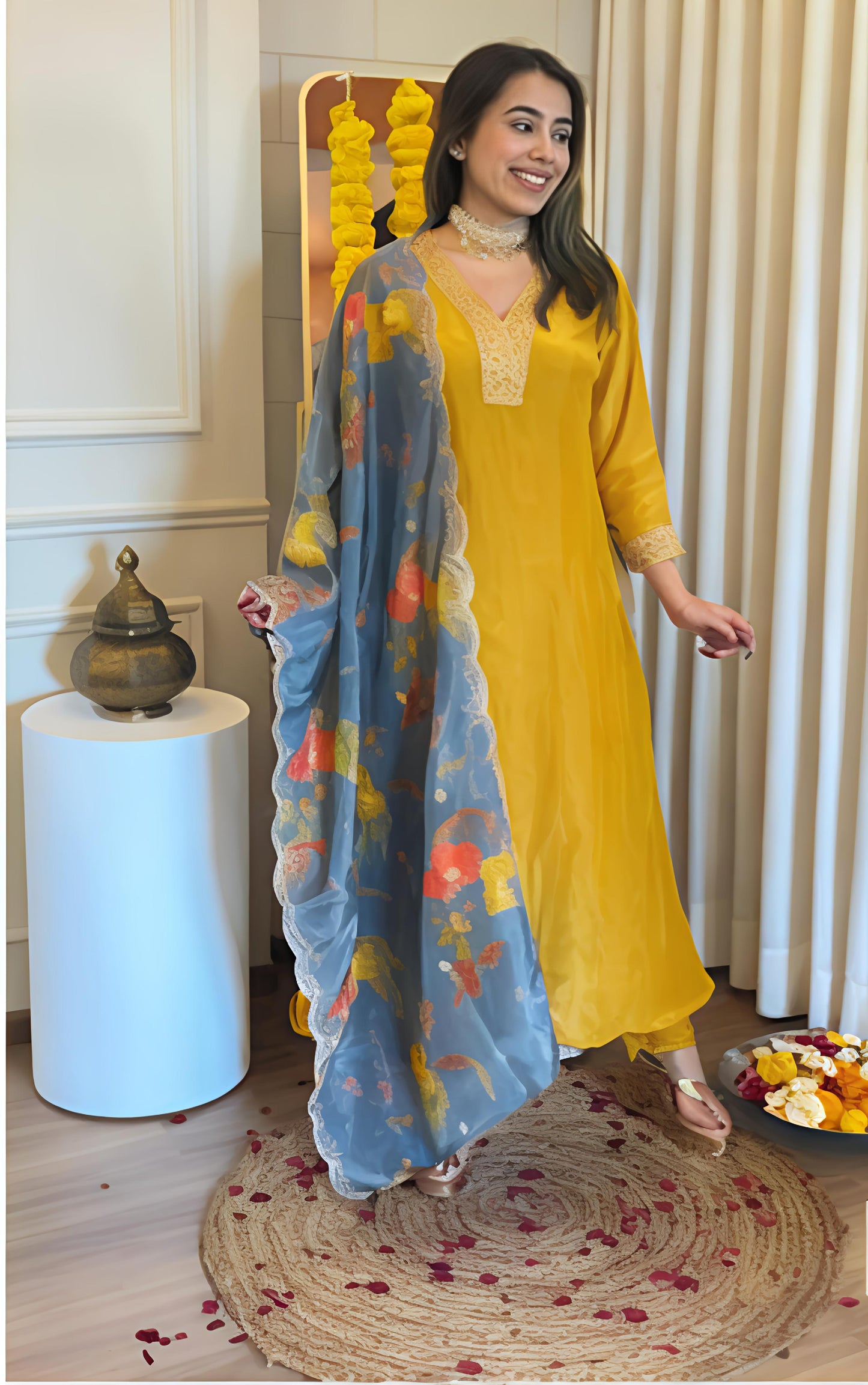 Mustard Suit with Grey Dupatta