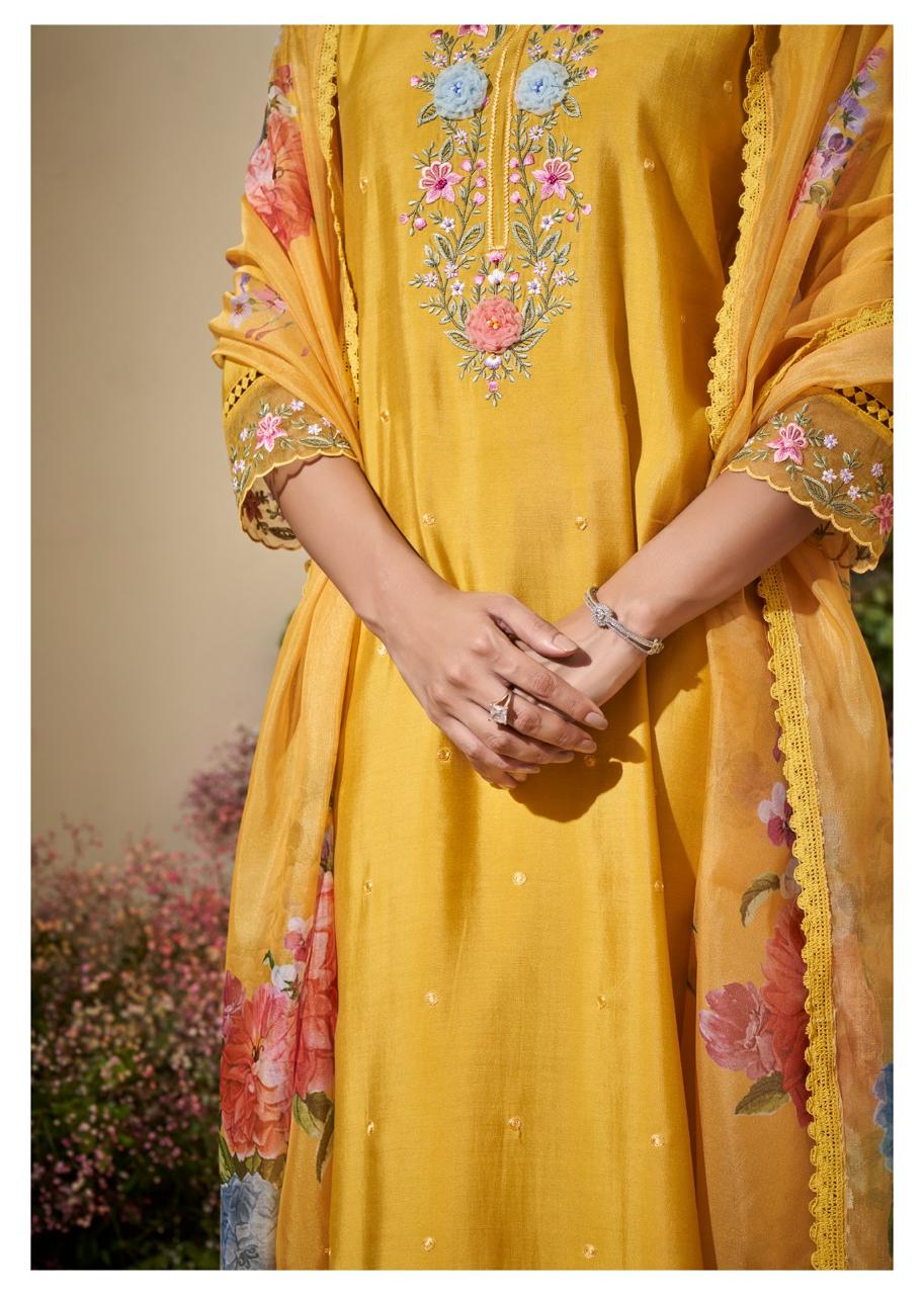 Yellow Roman Silk Embroidered Outfit
