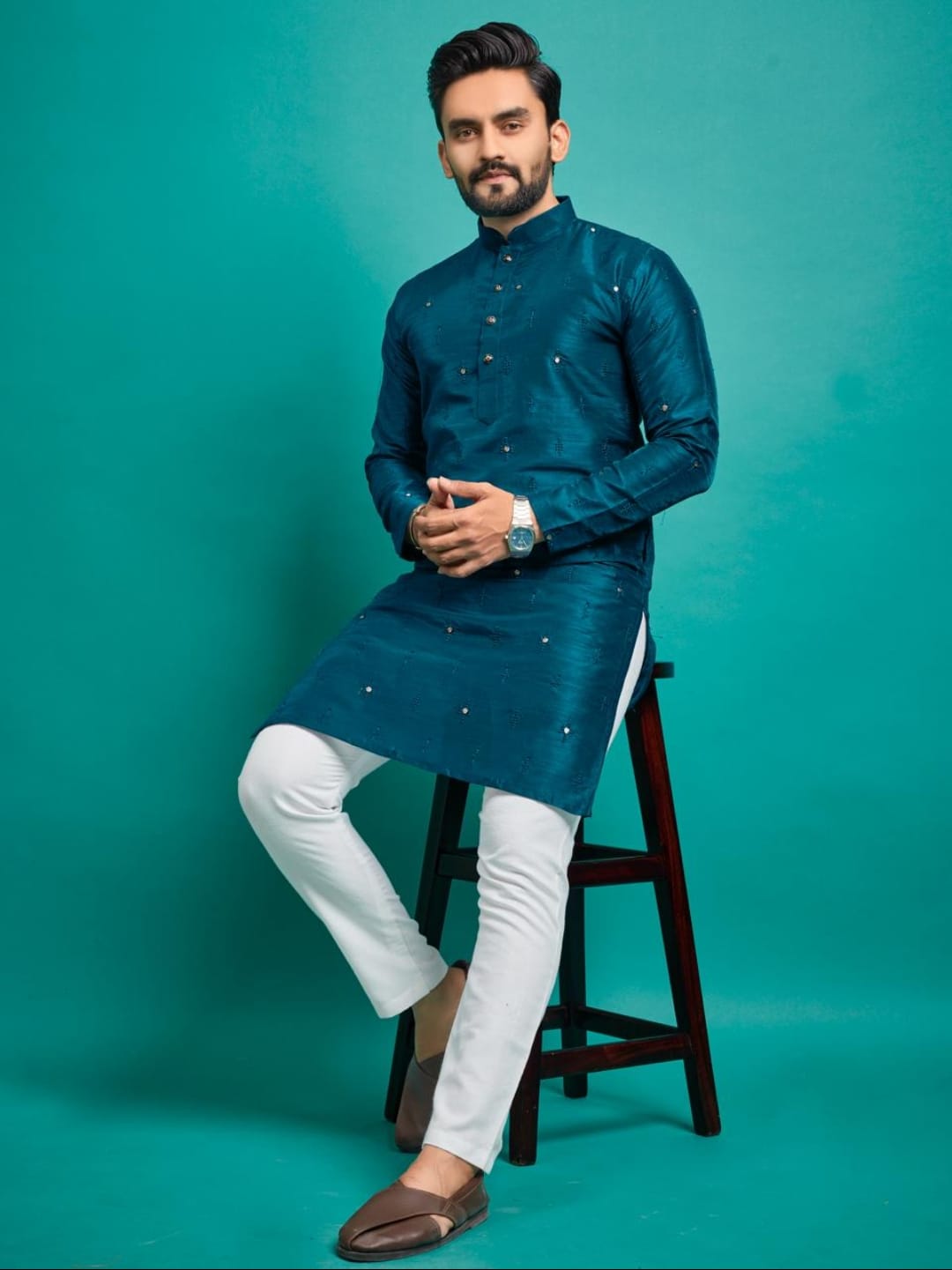 Dark Blue Silk Mens Kurta Pant Set