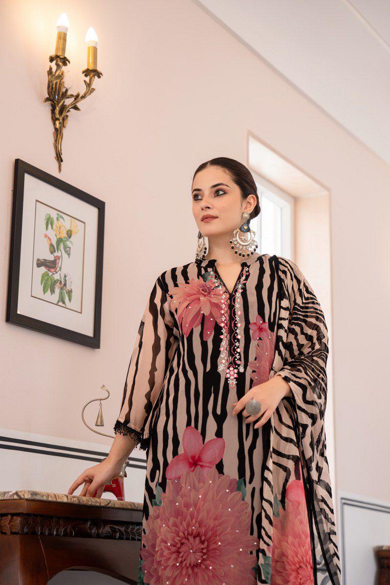 Designer Black & Pink Floral Suit with Plazzo