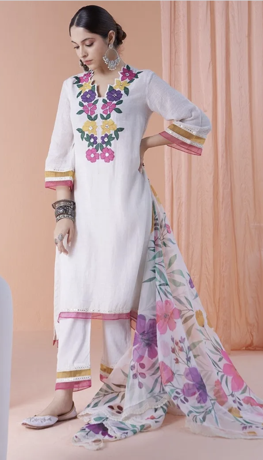 IVORY APPLIQUE WORK KURTA WITH PANTS