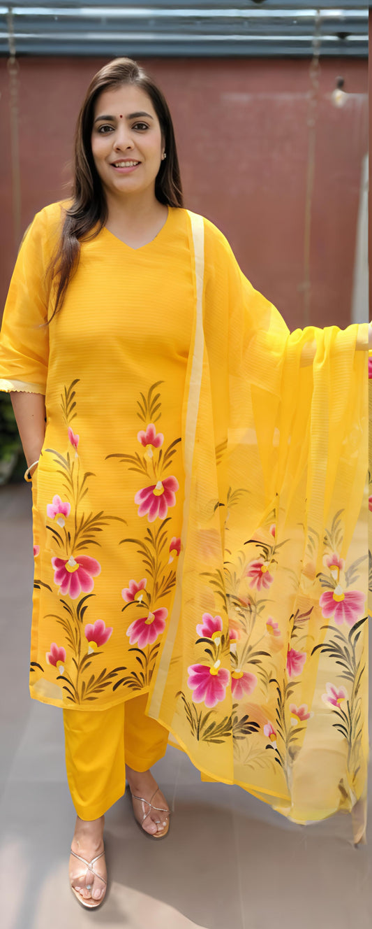 Kesari Yellow Hand Painted Outfit