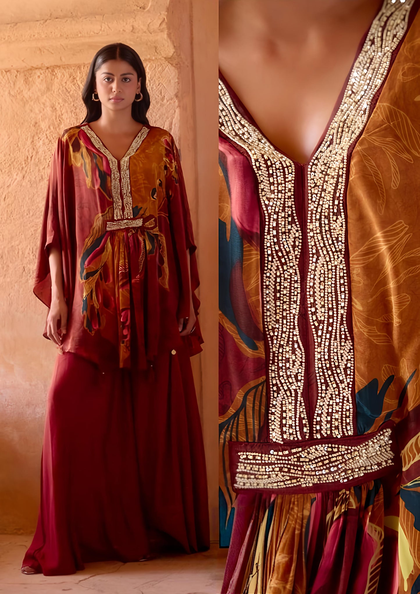 Copper Crepe Silk Kaftan Set