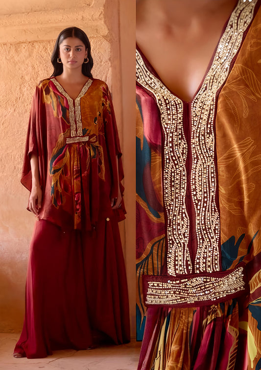 Copper Crepe Silk Kaftan Set
