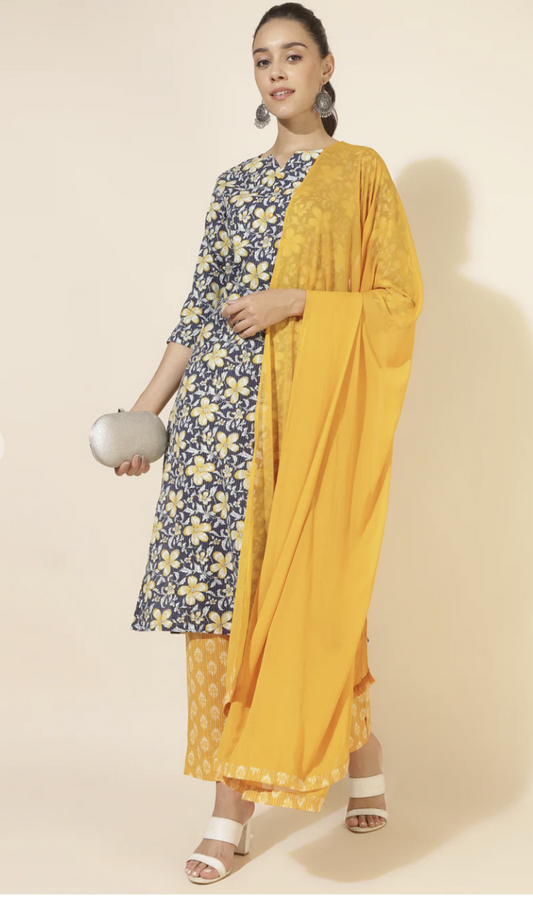 Blue Cotton Floral Regular Kurta Set