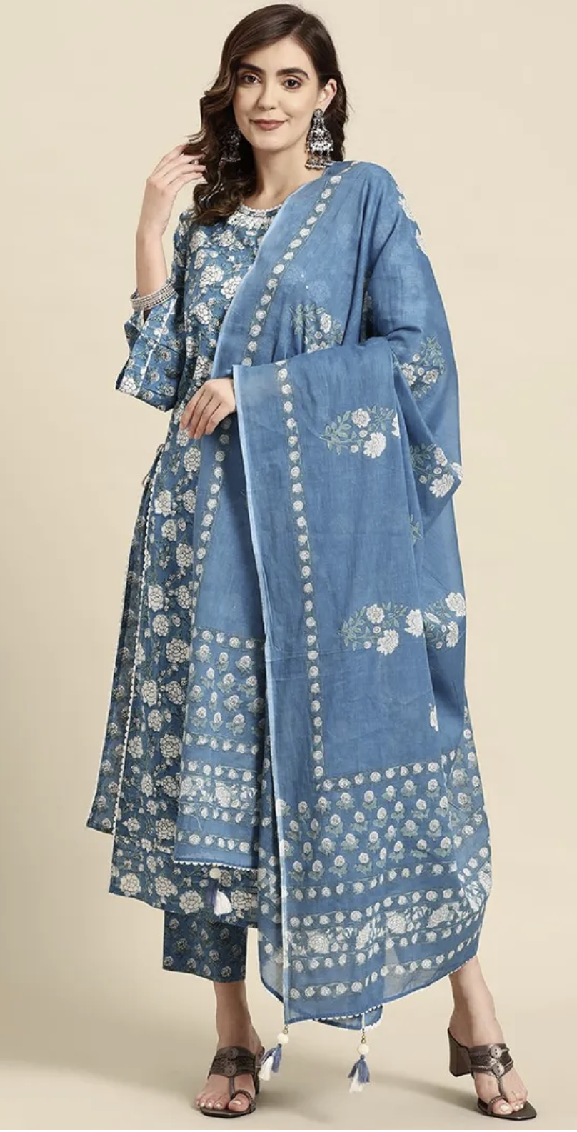 Blue Cotton Floral Suit