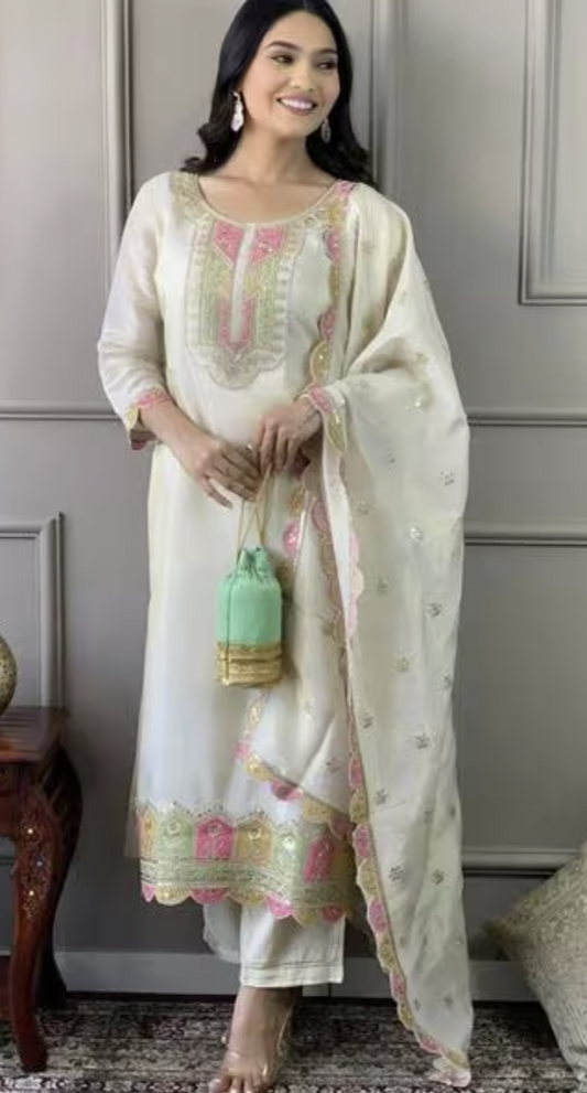 Off White Silk Embroidered Straight Kurta Set