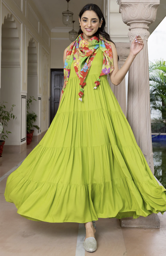 Lime Green Rayon Solid Dress and Scarf