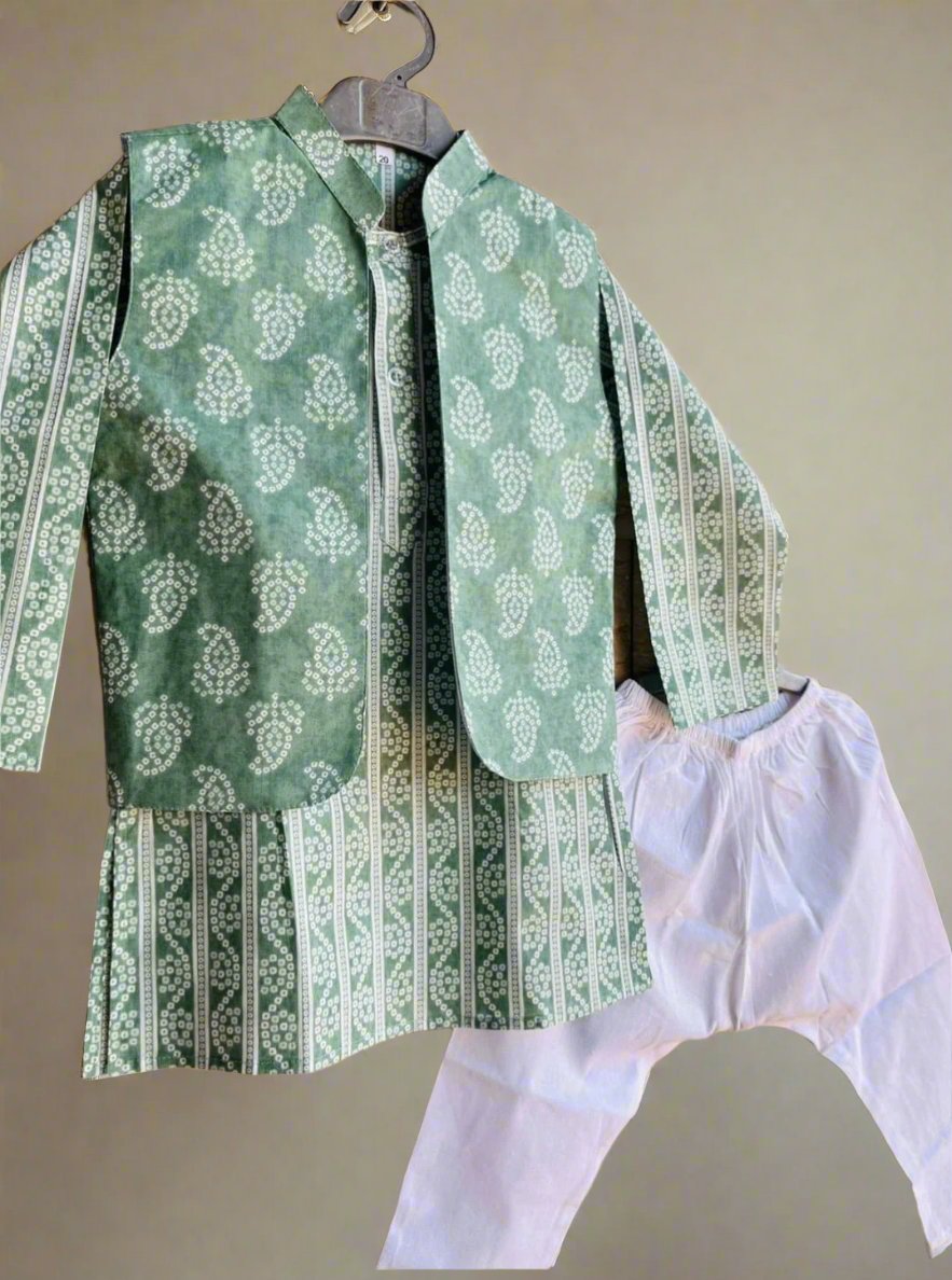 Green Kurta Jacket Pant Set for Boys