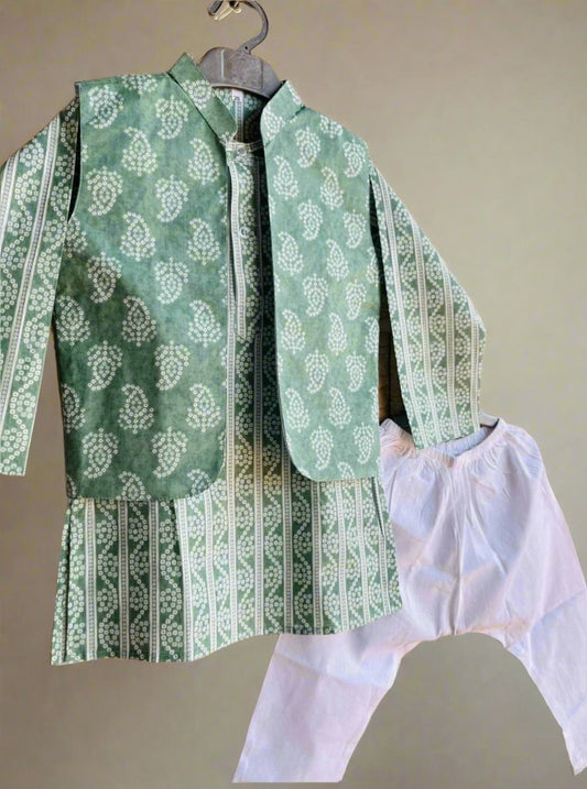 Green Kurta Jacket Pant Set for Boys