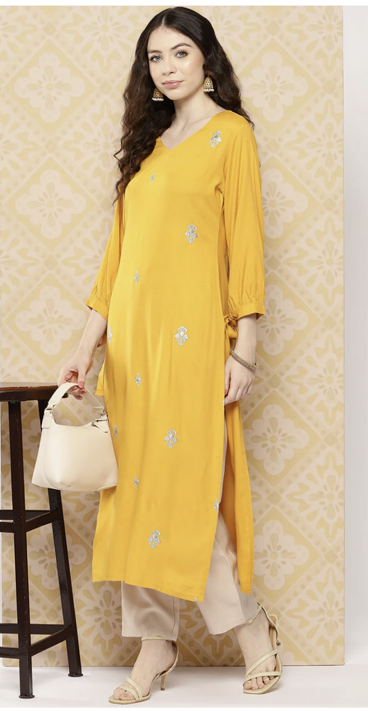 Mustard Embroidered Kurta