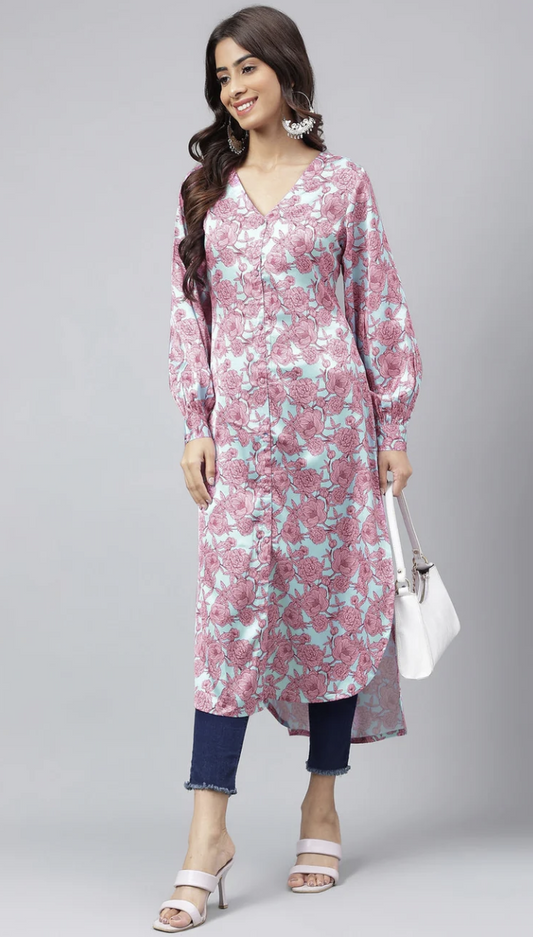 Sea Green Satin Floral Kurta