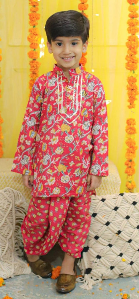 Boys Red Floral Dhoti Kurta Set