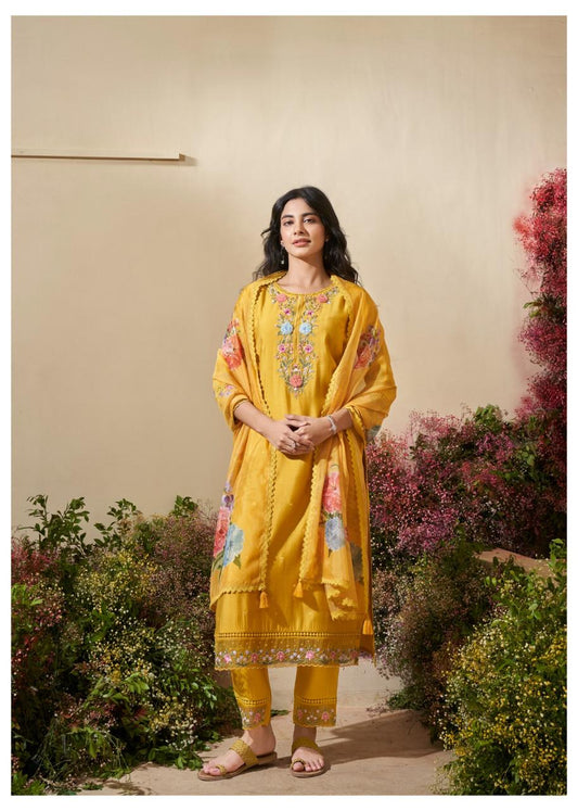 Yellow Roman Silk Embroidered Outfit