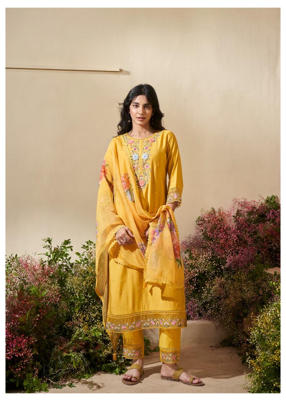 Yellow Roman Silk Embroidered Outfit