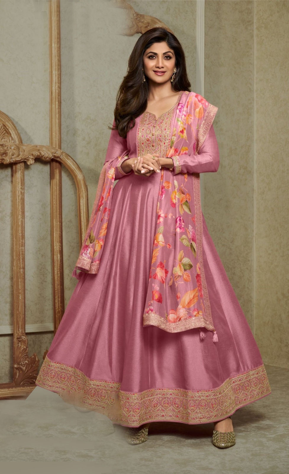 Pastel Pink Maharani Gown with Dupatta