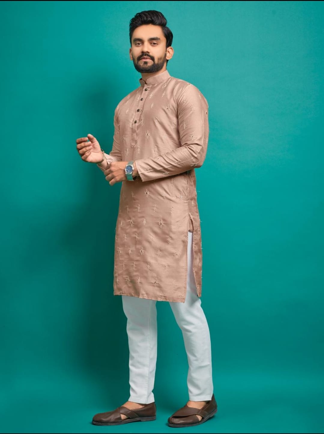 Beige Silk Mens Kurta Pant Set