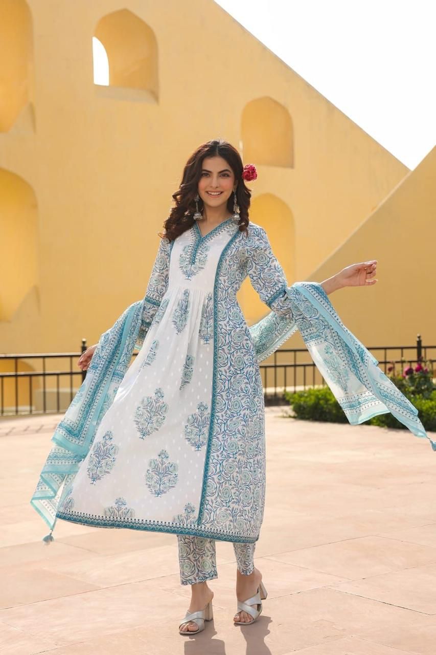 Blue and White Anarkali Suit