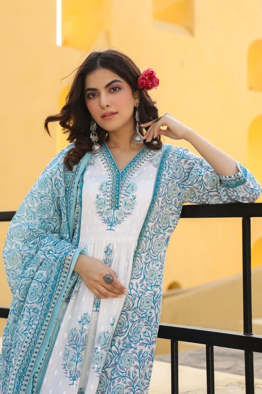 Blue and White Anarkali Suit