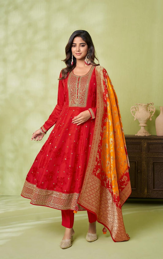 Red Jacquard Silk Anarkali Set