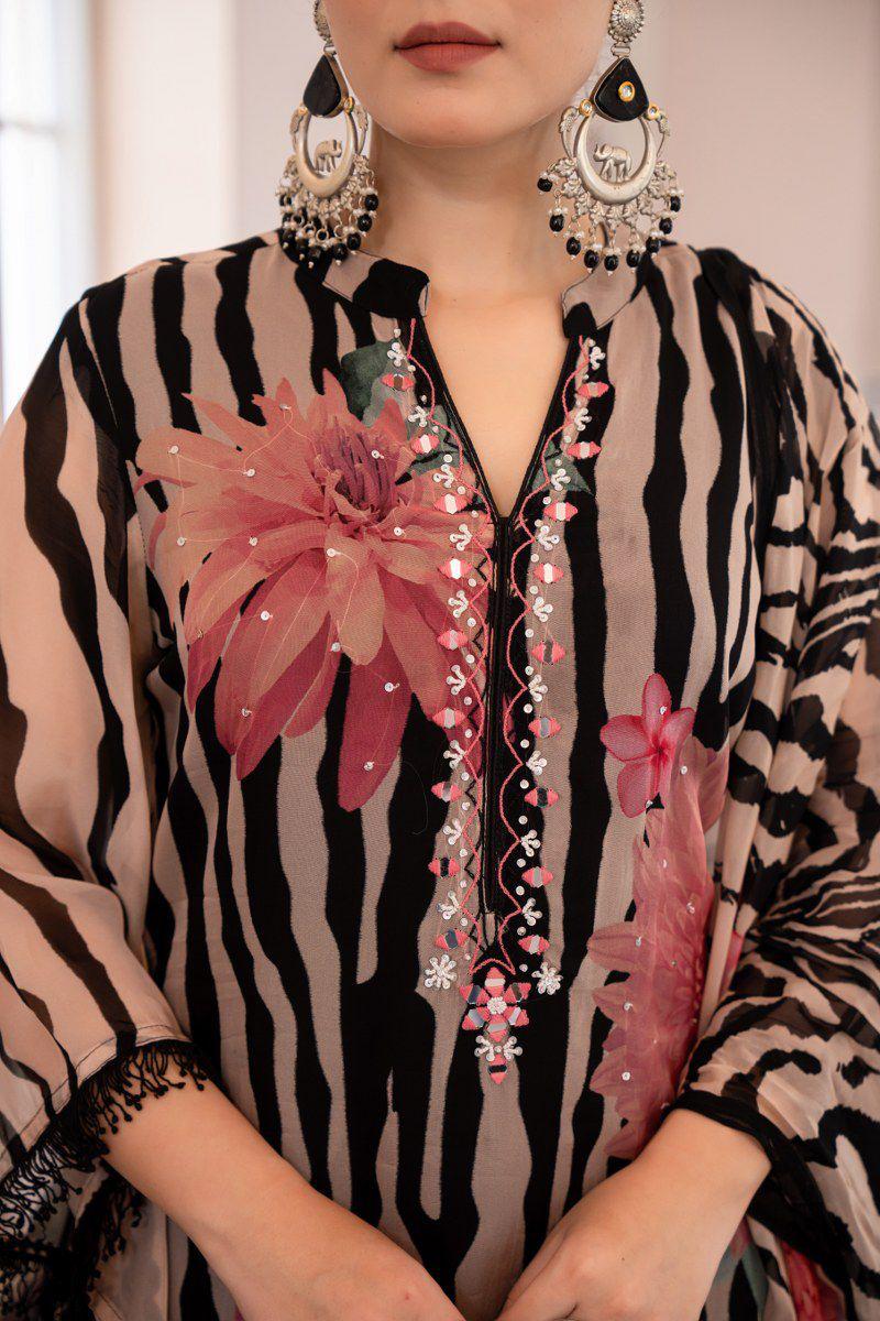 Designer Black & Pink Floral Suit with Plazzo
