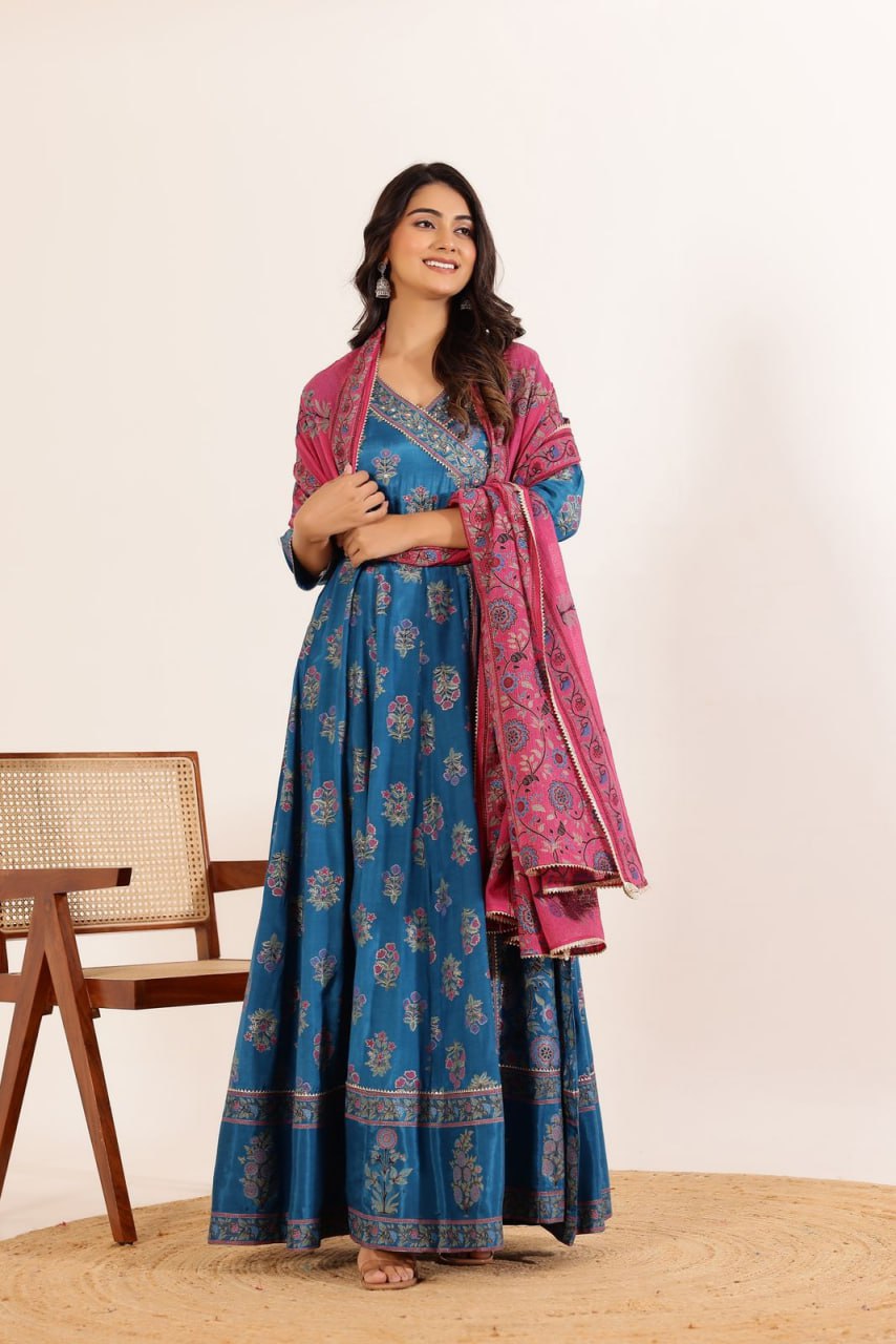 Blue Pink Anarkali Gown with Dupatta Set