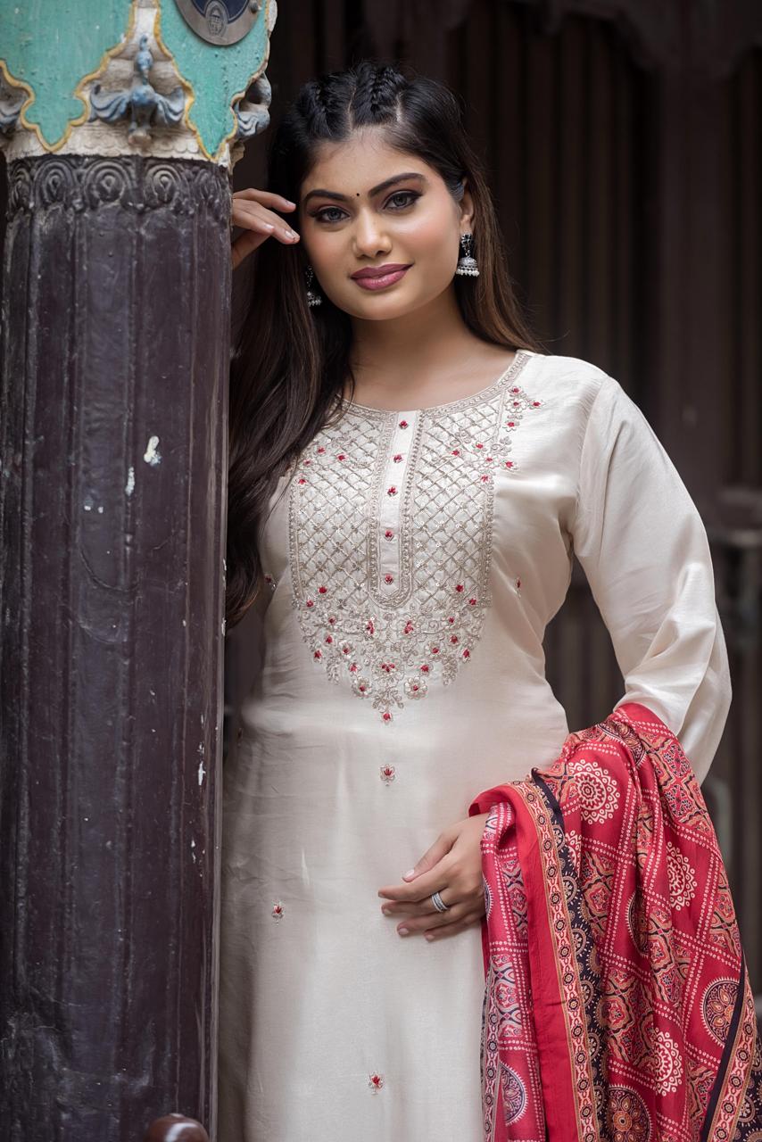 Off-White Silk suit with Ajrakh Dupatta