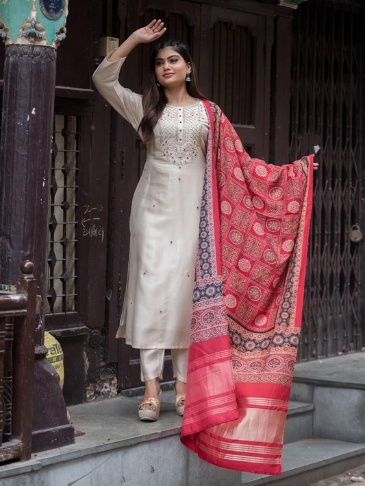 Off-White Silk suit with Ajrakh Dupatta