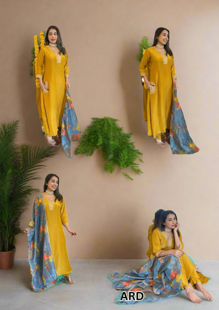 Mustard Suit with Grey Dupatta