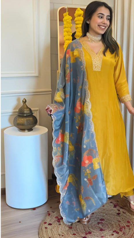 Mustard Suit with Grey Dupatta