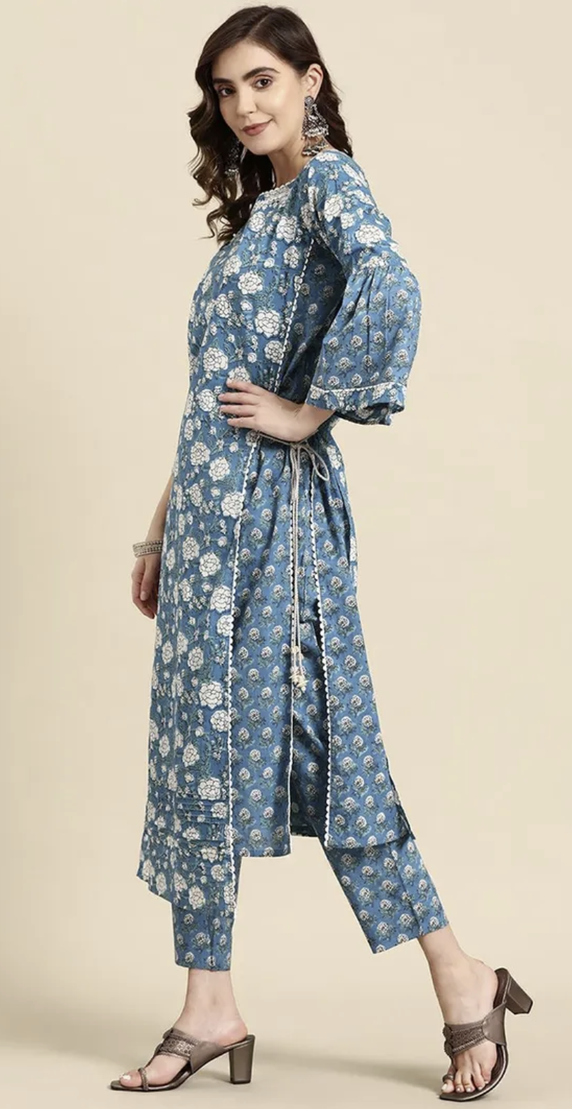 Blue Cotton Floral Suit