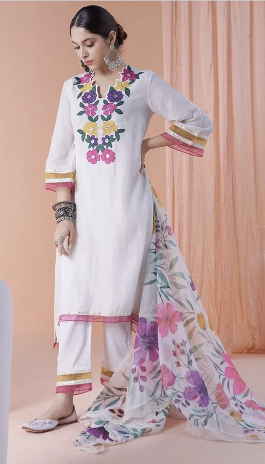 IVORY APPLIQUE WORK KURTA WITH PANTS