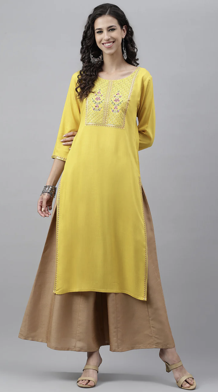 Mustard Solid Straight Kurta