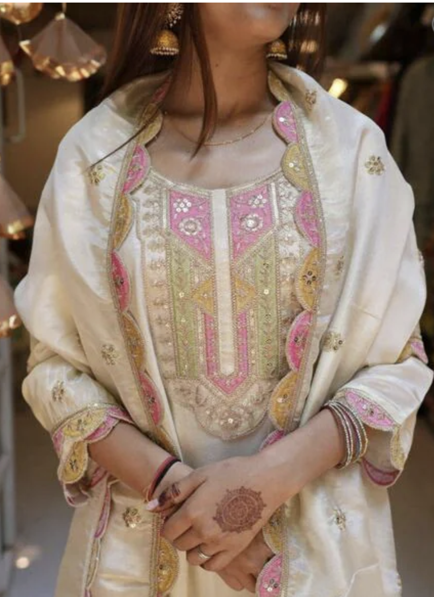 Off White Silk Embroidered Straight Kurta Set