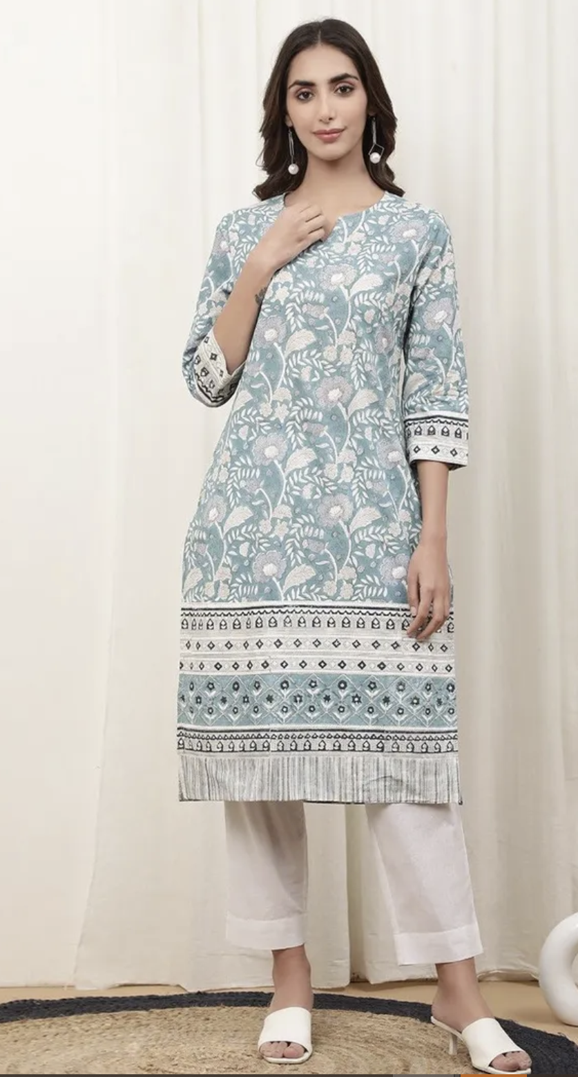 Blue Printed Cotton Kurta