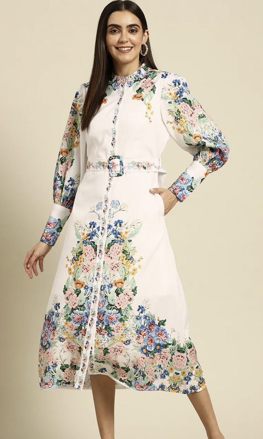 White belted Floral Dress