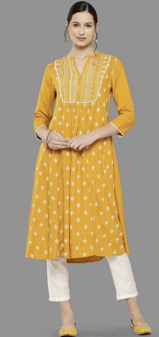 Yellow Motif Printed A-Line Kurta